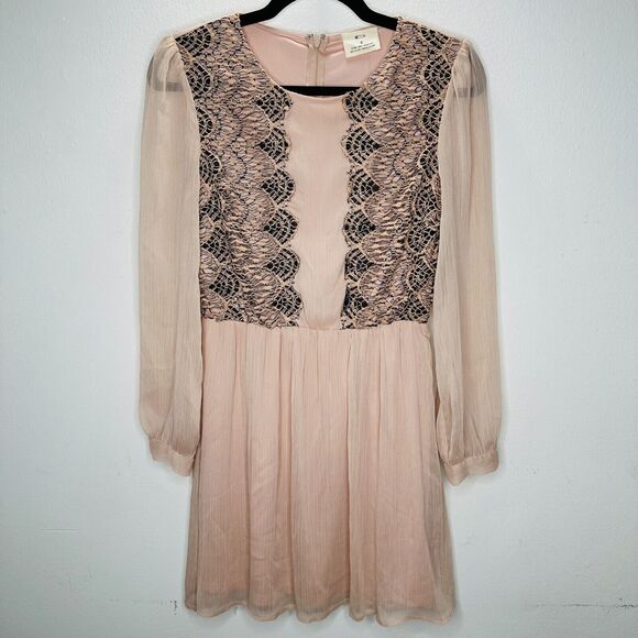Pins and Needles Rose Tyrie and Black Lace Long Sleeve Lined Gauze Mini Dress 0 - Picture 3 of 14